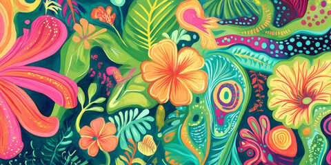 A vibrant hand-drawn tropical scene with exotic plants, birds of paradise, and swirling patterns in shades of lime green, turquoise, and coral pink.