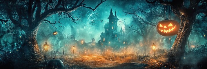 Obraz premium Spooky Nighttime Halloween Fairycore Scene - Jackolantern with Haunted House in Scary Light Background - Blank copy space