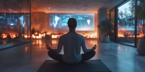 Person meditating a minimalistic space surrounded by digital displays showing heart rate sleep quality and biohacking stats peaceful atmosphere