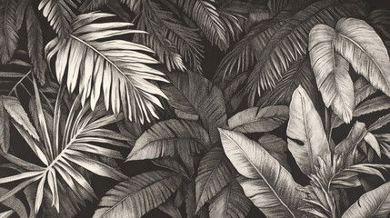 A richly textured engraving of tropical palm and fern leaves, with fine cross-hatching and intricate detailing, creating a classic botanical look in monochrome.
