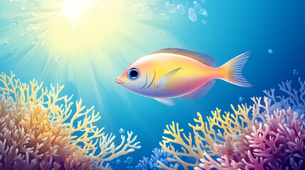 Fototapeta premium A fish is swimming in the ocean with the sun shining on it. Coral Atoll. Illustration
