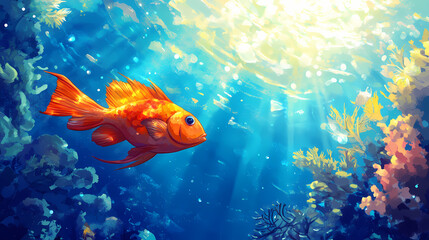 Fototapeta premium A fish is swimming in the ocean with the sun shining on it. Coral Atoll. Illustration