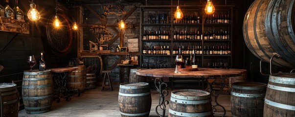 An industrial wine room with old wooden barrels repurposed as tables, wrought iron shelving for bottles, and ambient lighting from vintage filament bulbs