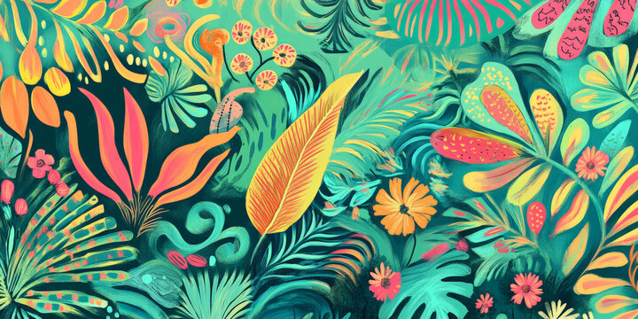 A vibrant hand-drawn tropical scene with exotic plants, birds of paradise, and swirling patterns in shades of lime green, turquoise, and coral pink.