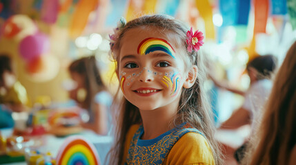 Smiling girl with rainbow face paint at a vibrant outdoor party, enjoying the festive atmosphere with friends. A joyful and colorful event for children.