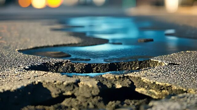 Close-up of a pothole filled with rainwater on a city street, representing urban infrastructure, road damage, and weather impact.

