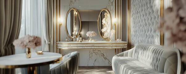 An opulent bridal suite with a marble-topped vanity, gold trim mirrors, and velvet seating The luxurious space is designed for elegance and comfort on a special day