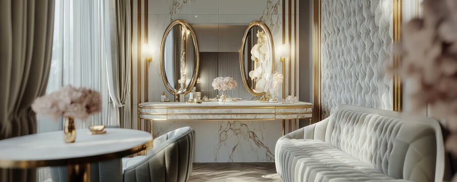An opulent bridal suite with a marble-topped vanity, gold trim mirrors, and velvet seating The luxurious space is designed for elegance and comfort on a special day