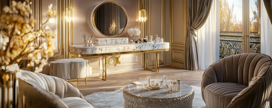 An opulent bridal suite with gold accents, a marble dressing table, and velvet-covered furniture Soft, ambient lighting sets the stage for a day of pampered preparation