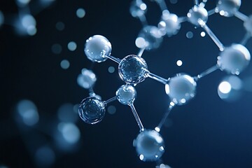 Glass molecules are connecting on a dark blue background, creating a beautiful abstract structure. Perfect for topics like science, chemistry or research