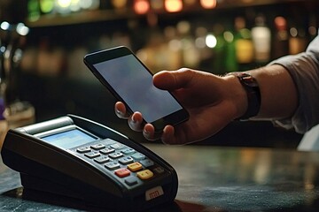 Customer pays for his order at the bar using his smartphone with nfc technology, making a quick, easy, and secure wireless transaction