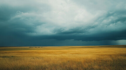 Obraz premium Distant rainfall sweeps across the prairies beneath foreboding storm clouds. 