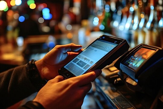 Bartender using a smartphone app to take orders in a busy bar, blending digital tech with traditional service for a seamless customer experience