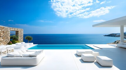 Obraz premium A luxurious, modern white villa with an infinity pool on the island of Mykonos in Greece