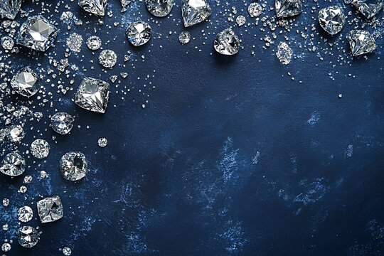 Sparkling diamonds of various sizes are scattered on a dark blue textured background, forming a border and leaving an empty space in the center
