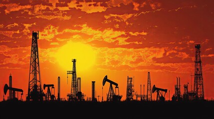 Obraz premium Oil and gas exploration and production. Silhouette of oil pumps and drilling rigs at sunset. Crude oil, industry, petroleum fuel production.
