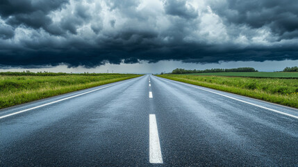 A straight highway stretches through a natural landscape, dark rain clouds looming overhead, signaling an impending rainstorm.

