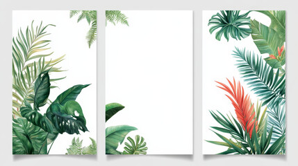Vector collection of tropical covers featuring border frames adorned with Amazon rainforest plants and exotic leaves. Ideal for vertical posters, travel promotions, advertising cards, and beauty 