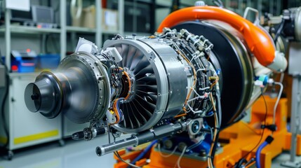 Obraz premium AI-powered robot performing vibration analysis on an aircraft engine