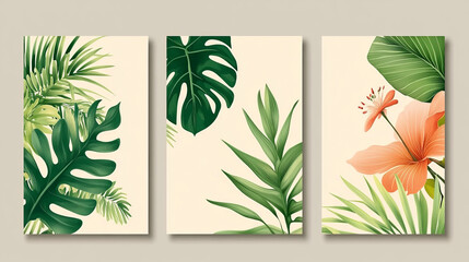 Vector collection of tropical covers featuring border frames adorned with Amazon rainforest plants and exotic leaves. Ideal for vertical posters, travel promotions, advertising cards, and beauty 