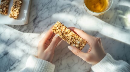 A woman's hands hold a nutritious granola bar, emphasizing wellness while she works at a brightly lit table next to a jar of honey. Focused on balancing health and productivity