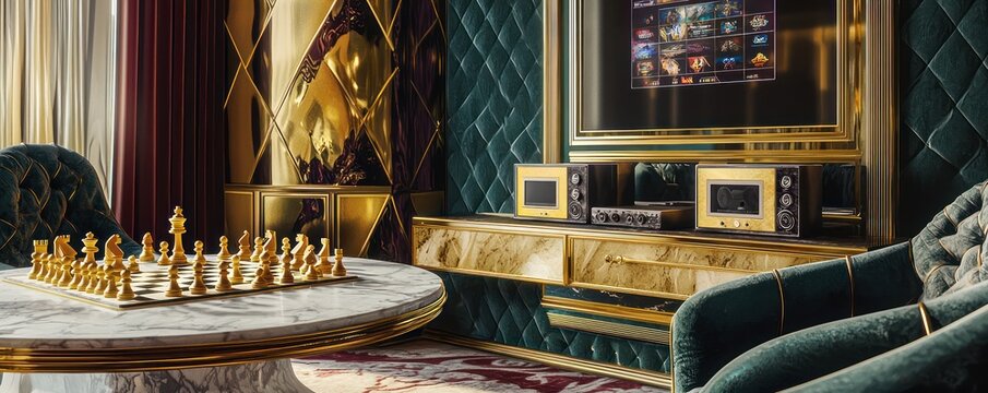 An opulent gaming room with a marble chess table, gold-trimmed game consoles, and plush velvet seating The perfect blend of luxury and leisure for entertainment enthusiasts