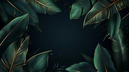 Vector illustration of a tropical dark green leaf background design, enhanced with elegant gold line accents for a sophisticated touch.
