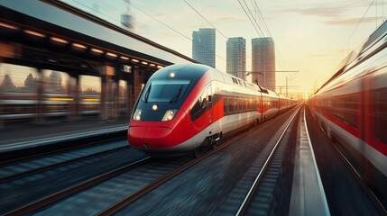 Fototapeta premium Capture the essence of modern travel with a dynamic image showcasing speedy transport options like trains, planes, and electric vehicles set against a vibrant city backdrop, emphas