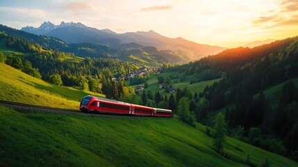 A dynamic scene showcasing a high-speed train zooming through a picturesque landscape, emphasizing the convenience of modern travel and the importance of time efficiency for busy c