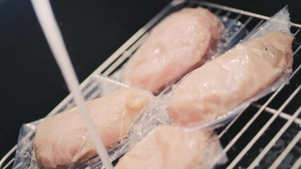 Water pouring on chicken for quick defrosting in kitchen sink