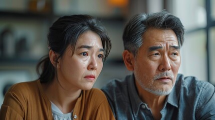 Fototapeta premium Asian couple looking anxious and sad, holding bills and discussing financial issues at home