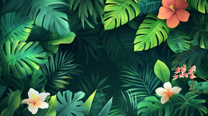 Naklejka premium Vector background featuring thickets of tropical plants, showcasing a vibrant tapestry of greenery, leaves, and flowers. This exotic foliage creates a lush garden backdrop, ideal for a poster that cap