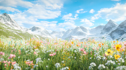 Fototapeta premium Alpine meadow with wildflowers and snowy peaks, hyperrealistic photo. Alpine Meadow. Illustration