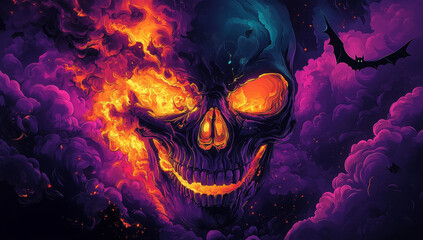 A skull with glowing eyes and a mouth with a pumpkin in it