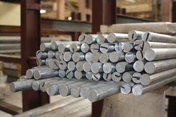 Aluminum metal steel bars in a factory or warehouse
