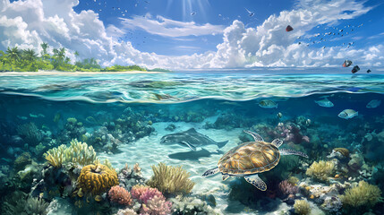 An ecosystem of coral atolls surrounded by crystal-clear waters, teeming with marine life, including stingrays, turtles, and schools of colorful fish.