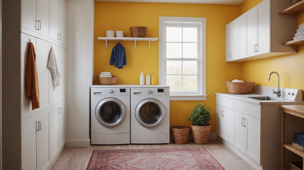 A decent yellow colour laundry interior design concept image, 3d illustration of interior design.