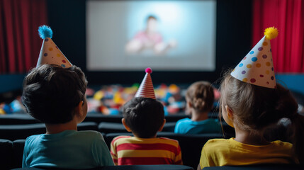 Group of children wearing party hats, watching a movie at a birthday party in a decorated theater. A fun and exciting birthday experience for kids.