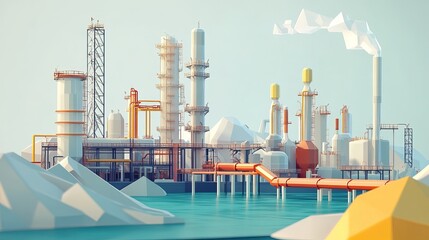 Oil production banner showing low poly style oil refinery with pipelines, earth and minerals.