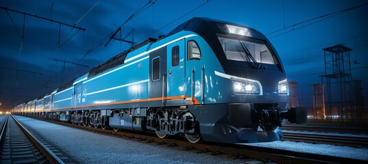 Modern electric train at a railway station illuminated at night, showcasing advanced technology