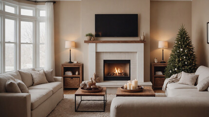Fototapeta premium A concept image of a living room with a fireplace interior design mockup template, high-resolution living area with furniture 3d illustration interior rendering.