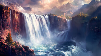 A thundering waterfall tumbles through a radiant canyon, flanked by sheer cliffs that plunge into the depths and. Thundering Waterfall. Illustration