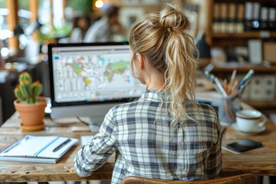 Woman working on computer in a cozy café while planning her next travel adventure