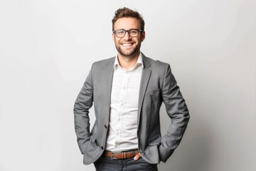 Fototapeta premium Full body portrait of happy smiling business man isolated on white background