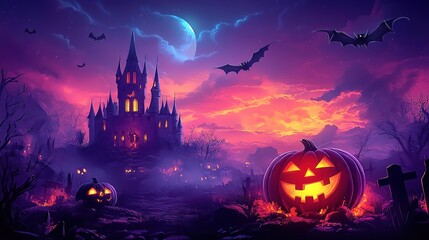 A spooky Halloween scene featuring a haunted castle, glowing pumpkins, bats, and a vibrant sunset sky.