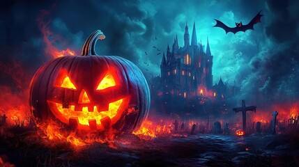 Spooky Halloween scene with a glowing pumpkin, eerie castle, and bats flying in a dark, misty atmosphere.