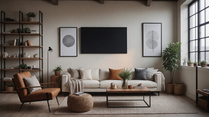 A living room interior design mockup template, high-resolution living area with furniture 3d illustration interior rendering.