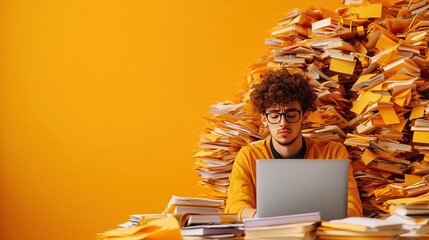 Young man overwhelmed by paperwork and deadlines.