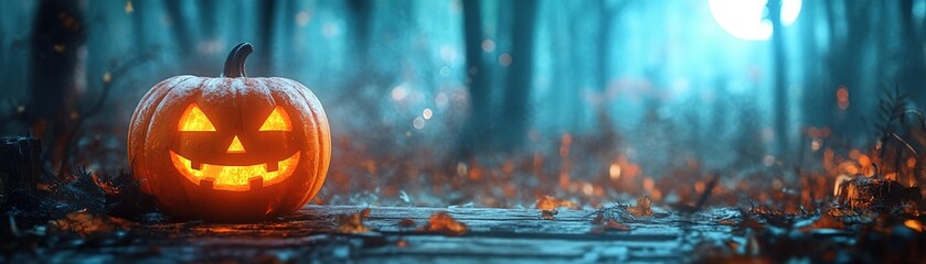 A spooky Halloween scene featuring a glowing jack-o'-lantern amidst a misty forest, perfect for seasonal imagery.