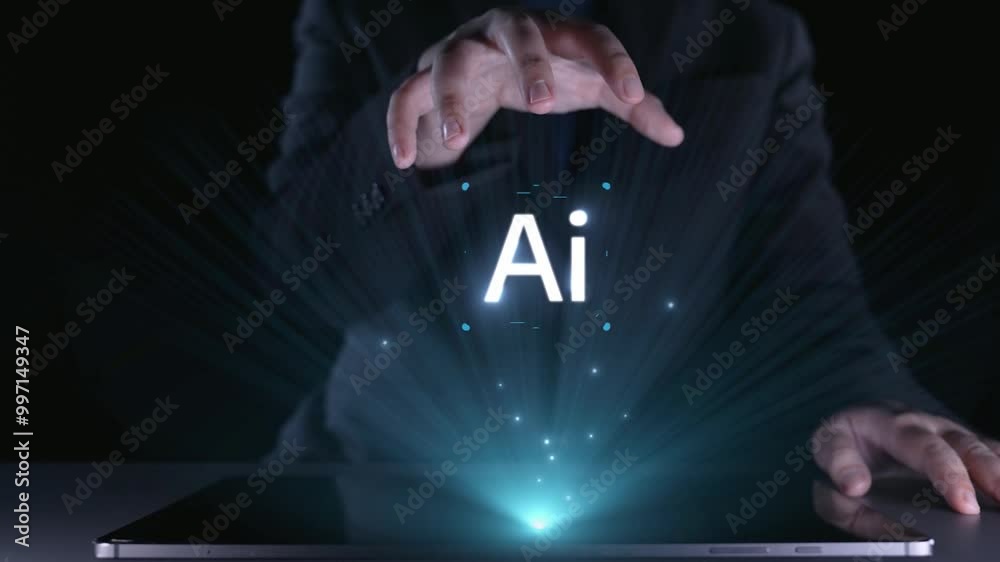 Poster human interact with ai artificial intelligence virtual assistant chatbot in concept of ai artificial